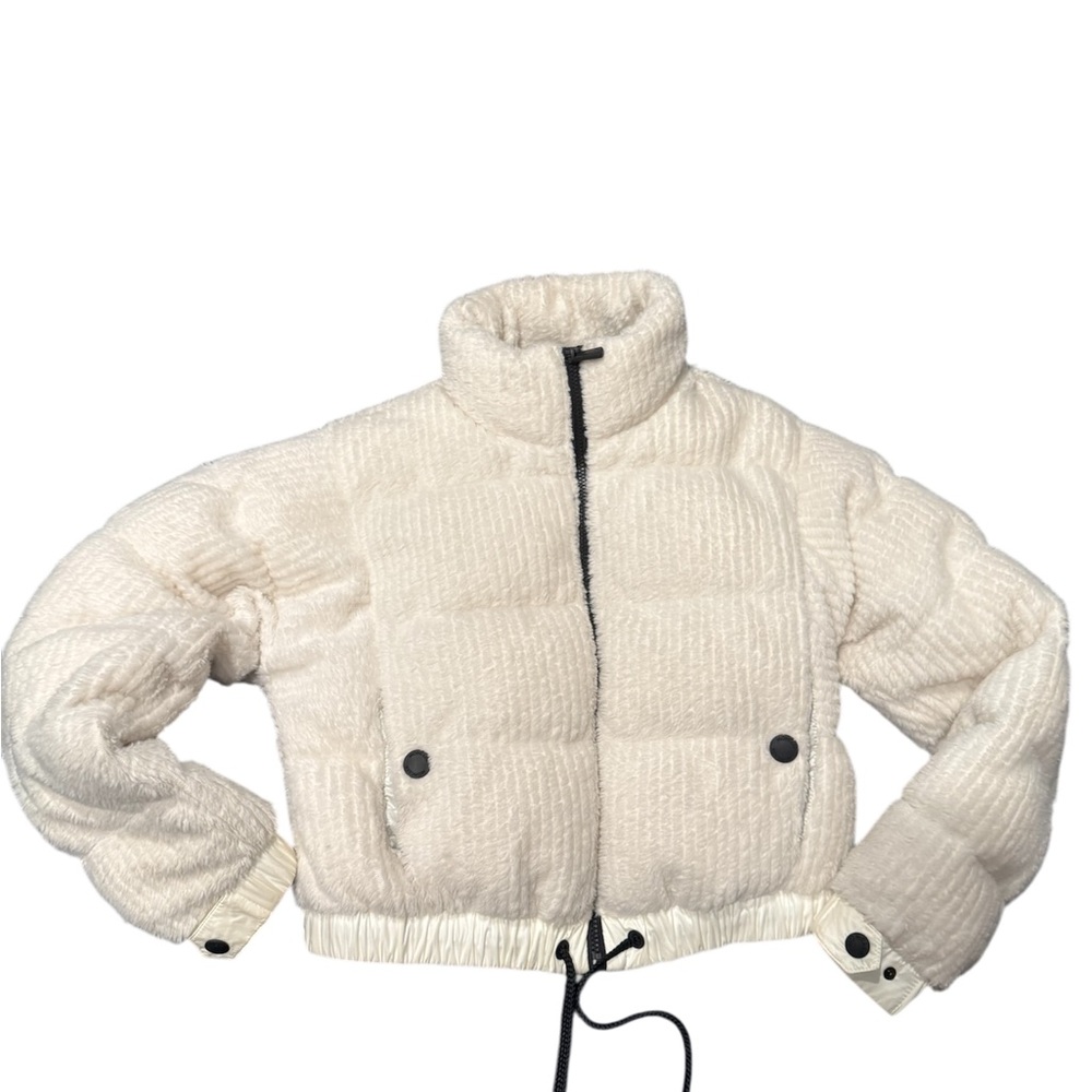 Moncler White Cropped Puffer Jacket with High Collar